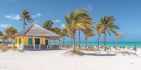 Obraz premium Sunny tropical beach hut on white sand.