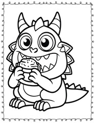 Cute Monster fast food Coloring Pages For Kids. High resolution (300 DPI), ready to print on standard 8.5x11 inch paper  With No Bleed, Black and White Vector illustration AI, EPS, PNG, JPEG.