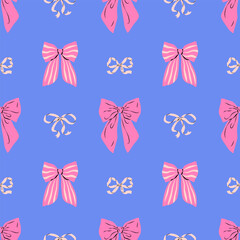 Cute seamless pattern of pink and ivory ribbon bows on blue background. Hand drawn vector illustration. Perfect for wedding design, party decoration, gift wrapping paper and textile