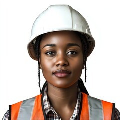 A black female construction worker with silver color safety cap, front view on clear white background