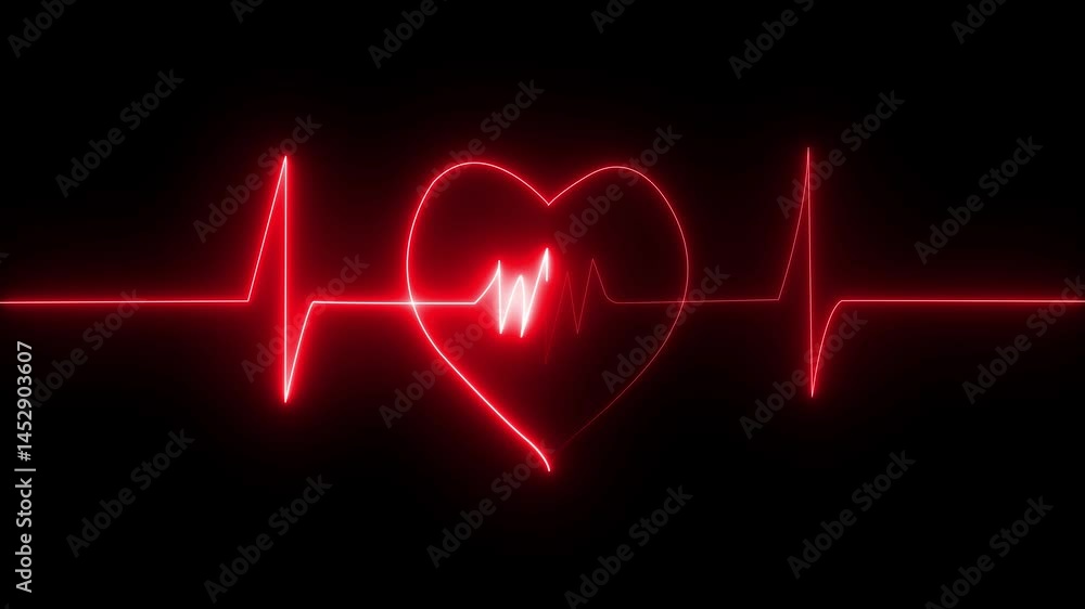 Poster neon heart beat ecg ekg animation isolated background. abstract glowing neon heart beat single loop 