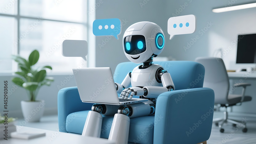 Poster happy 3d chatbot robot character – friendly ai assistant . artificial intelligence, trendy technolog