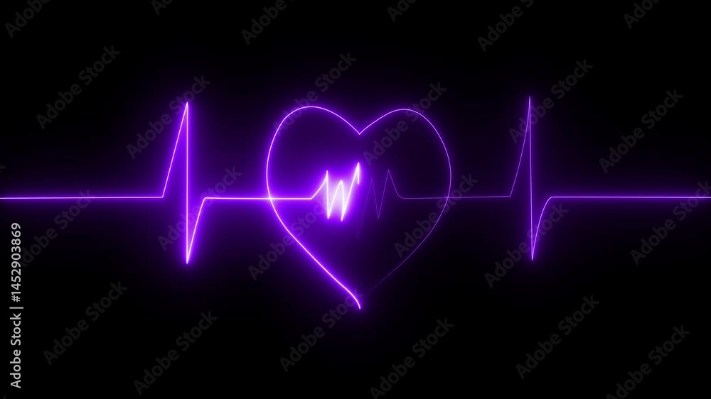 Poster neon heart beat ecg ekg animation isolated background. abstract glowing neon heart beat single loop 