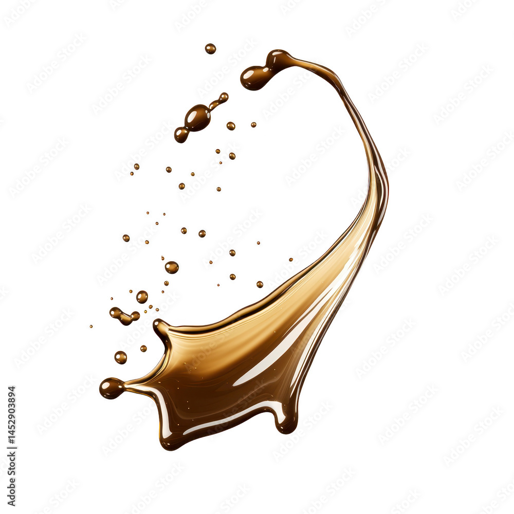 Poster dynamic splash of glossy brown liquid arcs gracefully against transparent background, capturing moti