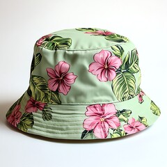 A light green bucket hat with a tropical floral print featuring pink flowers and green leaves on clear white background