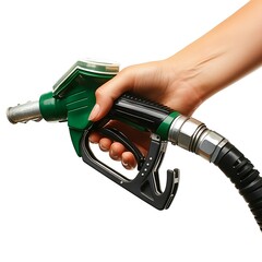 A person's hand holds a fuel nozzle on clear white background