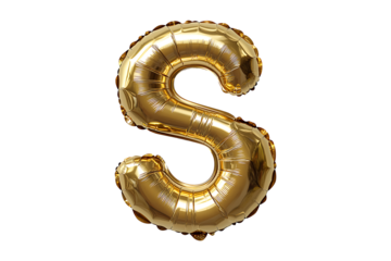 English alphabet S made with gold foil balloon isolated on transparent background.