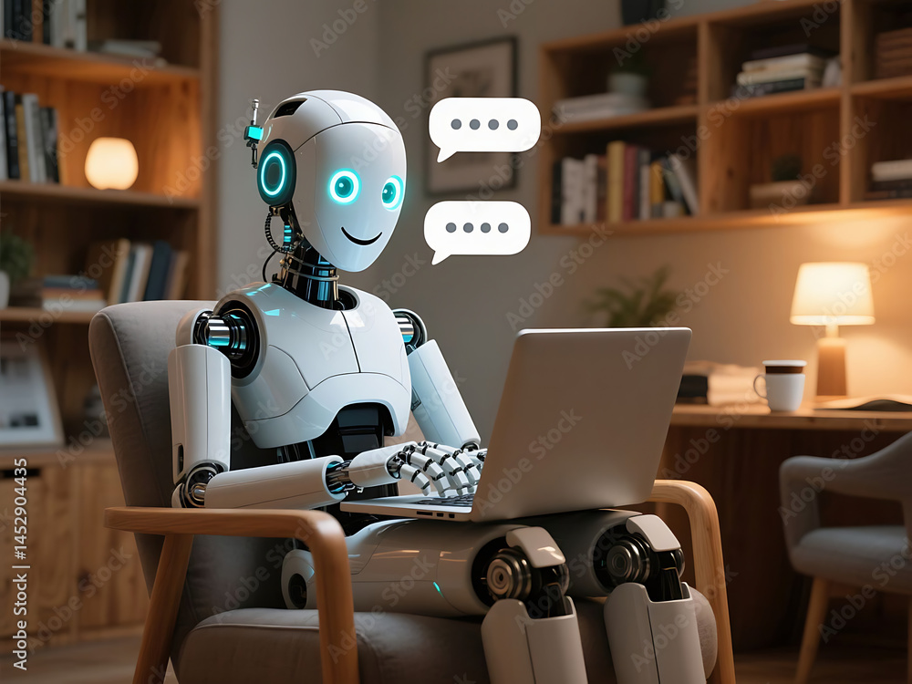 Poster happy 3d chatbot robot character – friendly ai assistant . artificial intelligence, trendy technolog