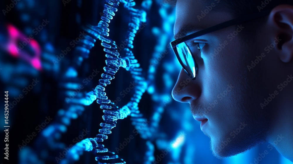 Poster biotech software developer at work - a focused biotech software developer analyzes complex genetic d