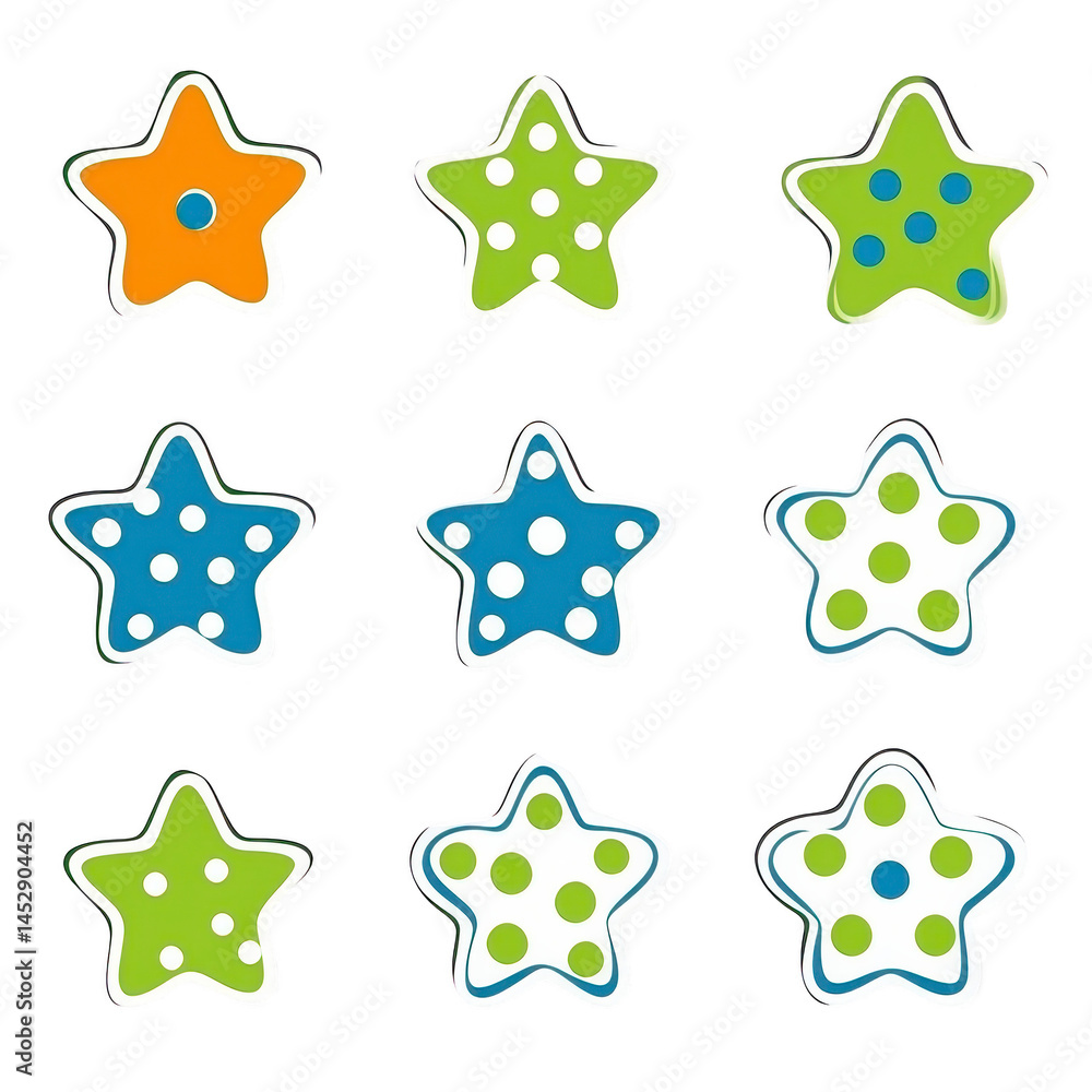 Poster colorful star shaped cookies with polka dots in orange, green, and blue are arranged in grid pattern