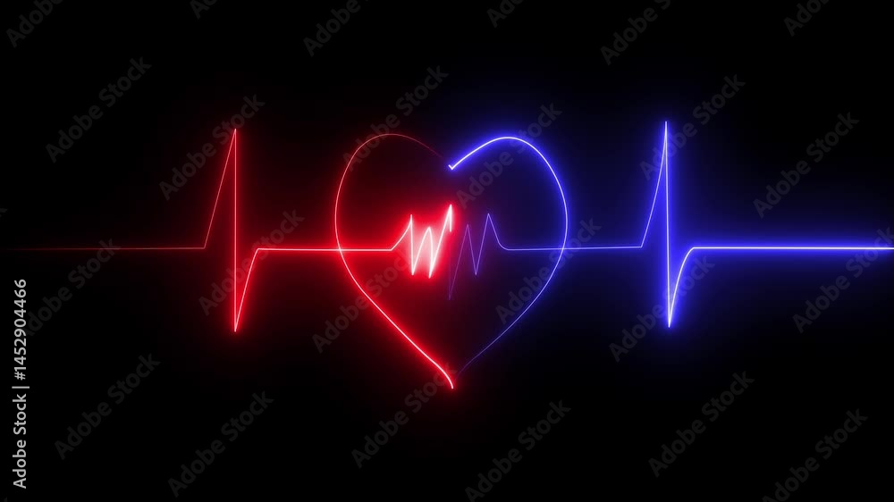Poster neon heart beat ecg ekg animation isolated background. abstract glowing neon heart beat single loop 