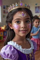 little girl with princess face paint and a crown smiling indoors