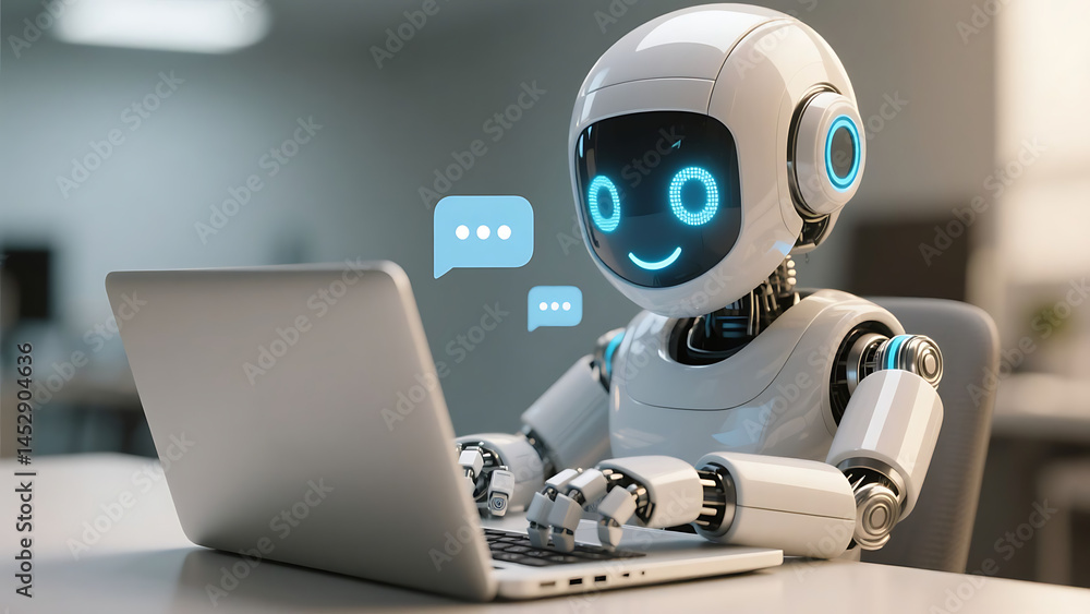 Poster happy 3d chatbot robot character – friendly ai assistant . artificial intelligence, trendy technolog