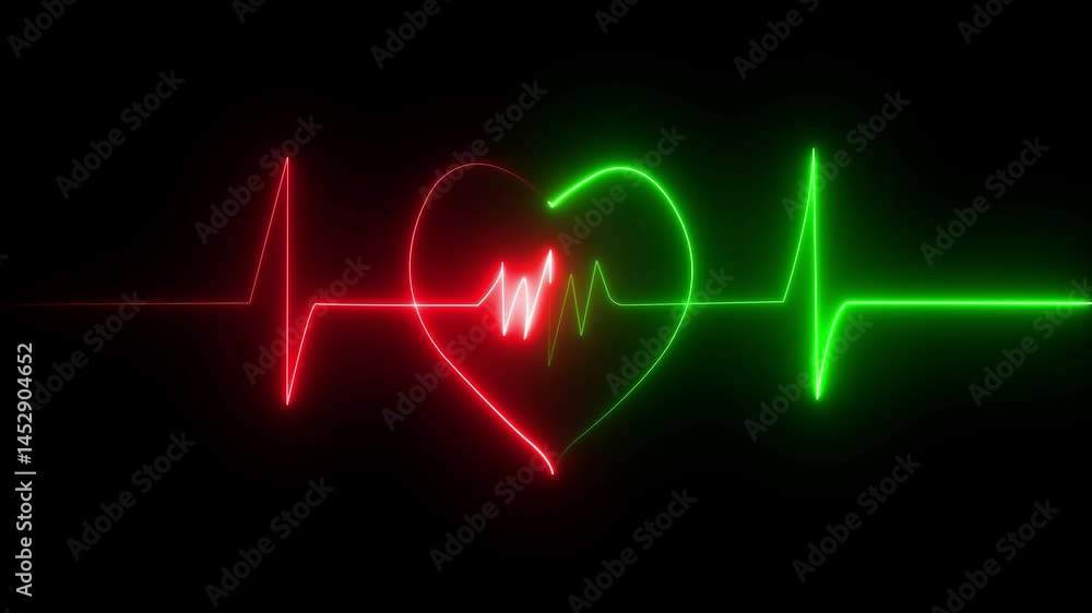 Poster neon heart beat ecg ekg animation isolated background. abstract glowing neon heart beat single loop 