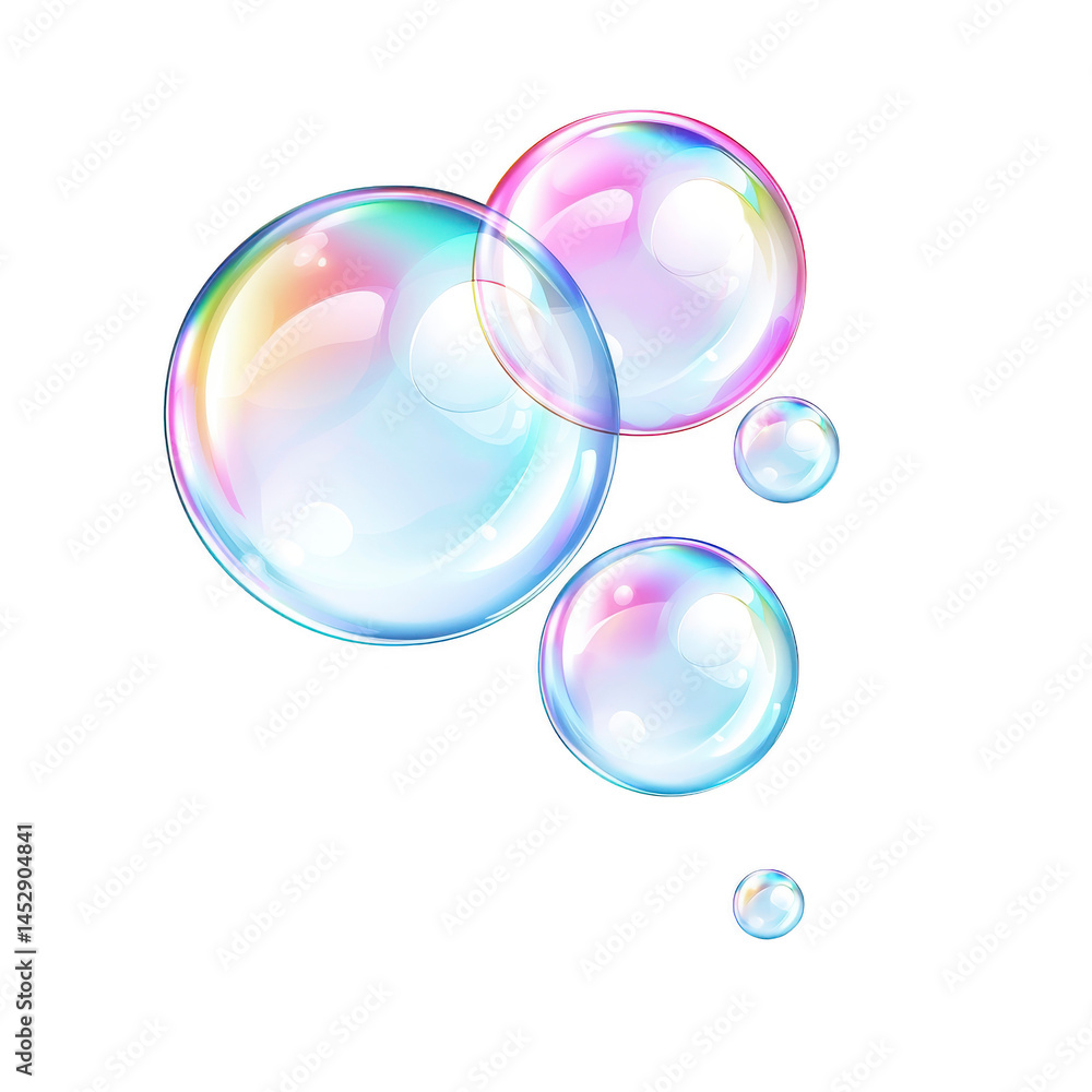 Poster colorful soap bubbles floating against transparent background, displaying spectrum of iridescent col