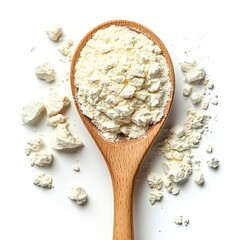 A portion of whey protein powder placed on clear white background