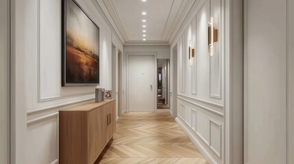 Elegant hallway with herringbone flooring and classic decor
