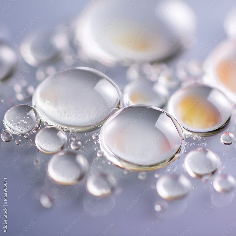 Poster macro photography showcasing glistening water droplets on a smooth surface with subtle color reflect