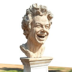 A portrait of a man smiling as a marble statue on clear white background