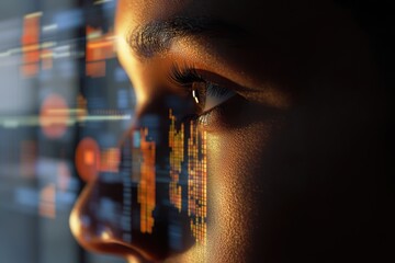 A focused gaze reflects a digital screen showcasing data, illuminated in warm, analytical light, representing technology.