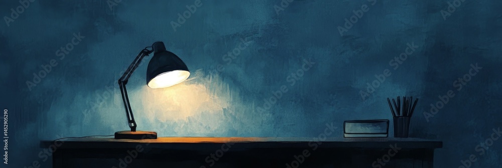 Poster desk lamp illuminates workspace - a single desk lamp casts a warm glow on a dark desk, creating a tr