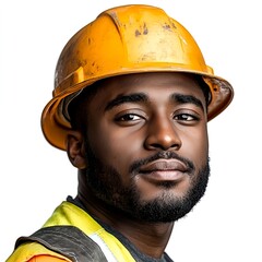 A portrait photo of a black male construction worker, side view on clear white background