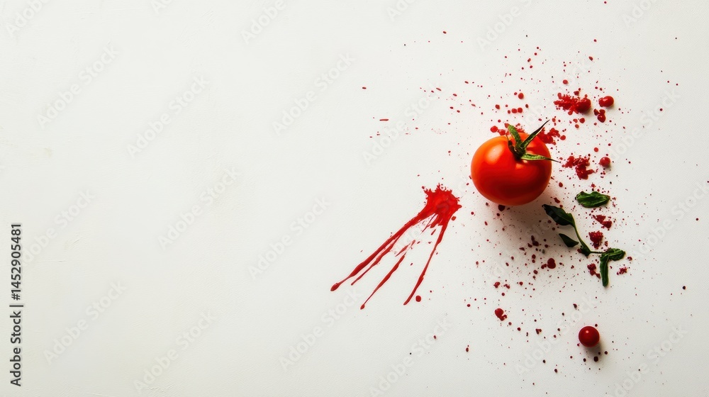 Poster bright red tomato bursts against minimalist white background creating a striking visual with vibrant