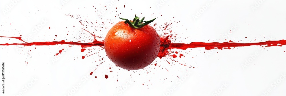 Poster bright red tomato bursts against a minimalist white background creating dynamic splashes in a clean 