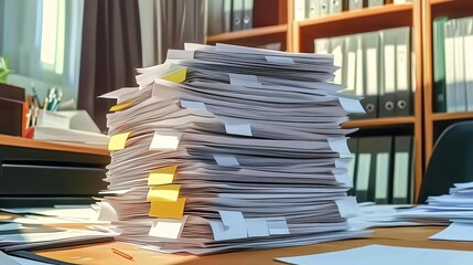 Obraz premium A massive pile of documents on an office desk with stationery holders and bookshelves.