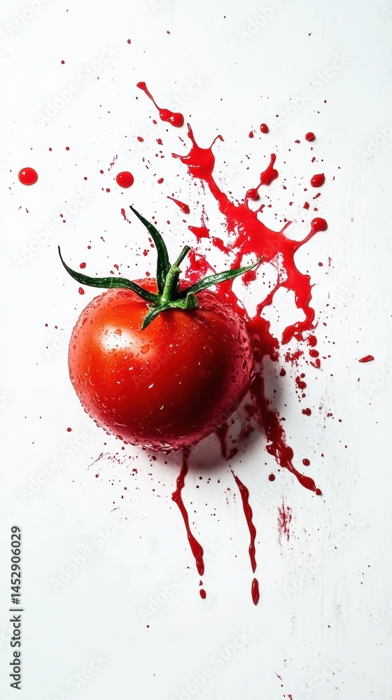Poster unique tomato burst on minimalist white background creating vibrant red splashes with clean lines an