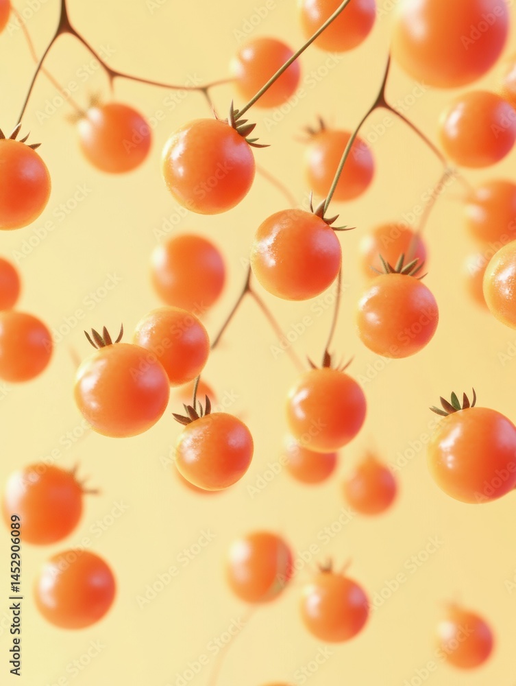 Poster bursting tomatoes create a vibrant contrast on a soft pastel background in a modern and minimalistic