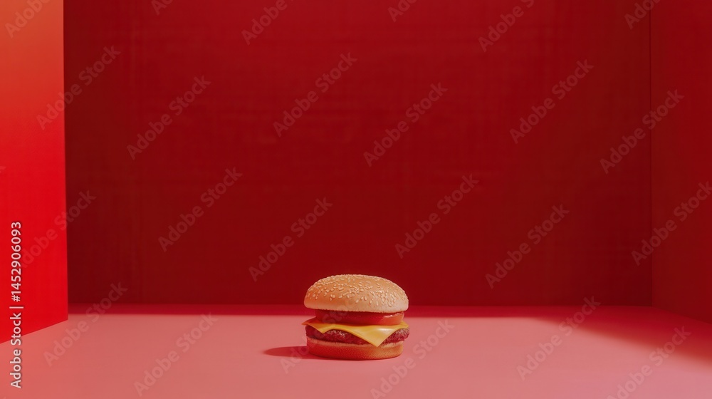 Poster appetizing cheeseburger with tomato slice on pink surface and red background in studio setting delic