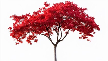 A solitary tree with bright red leaves against pure white background.