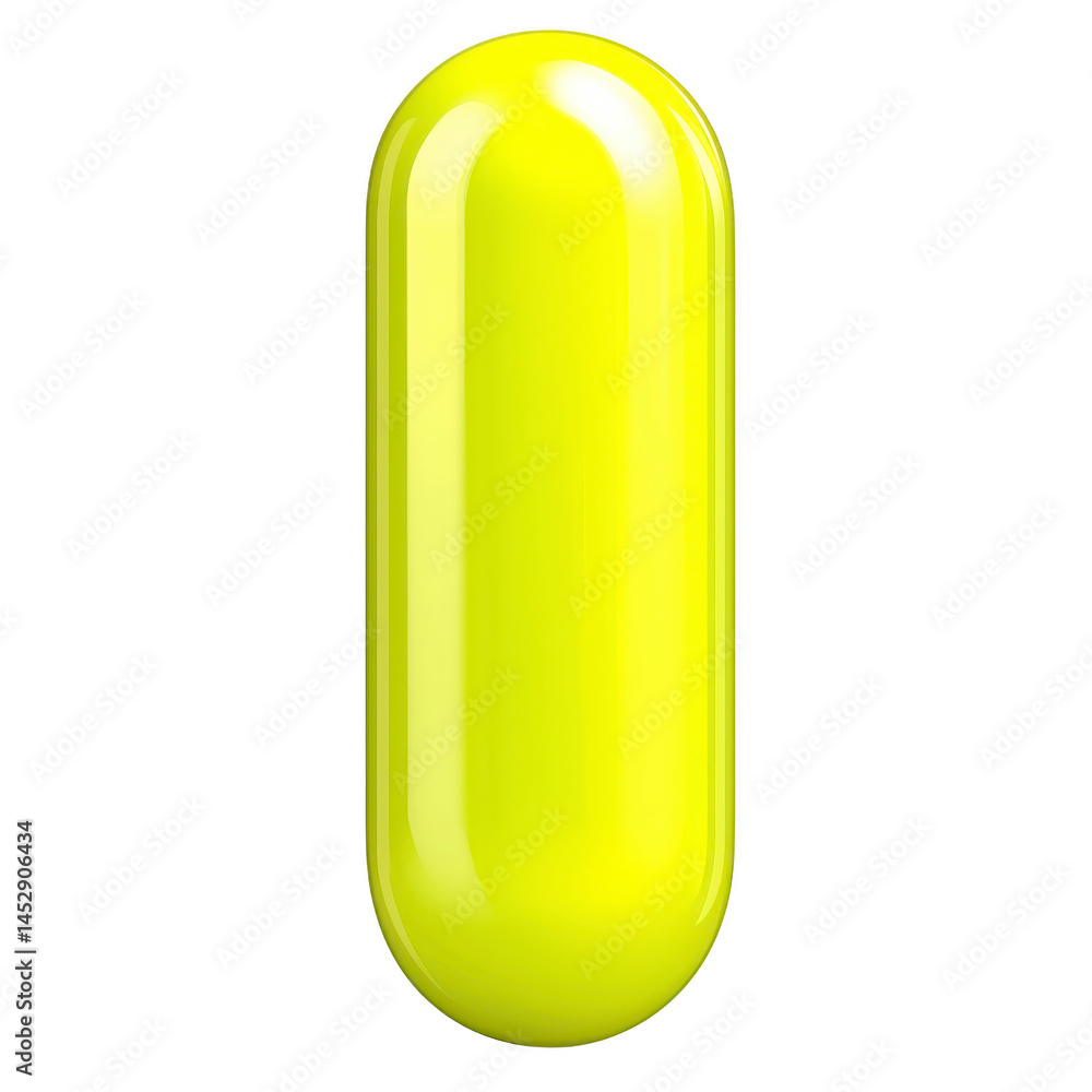 Poster bright yellow capsule shaped object with glossy finish, isolated on transparency background. smooth 