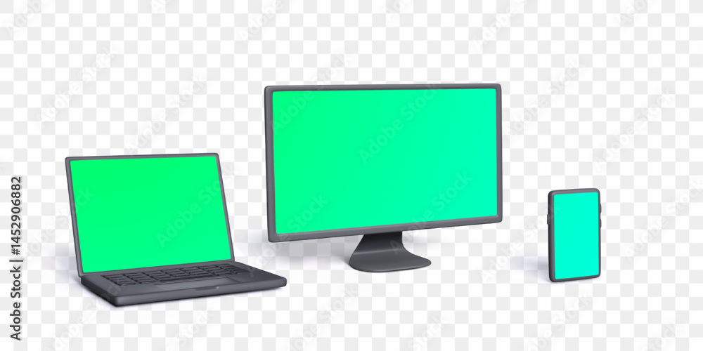 Poster laptop, monitor, and smartphone with blank green screens for mockup and web design on transparent ba