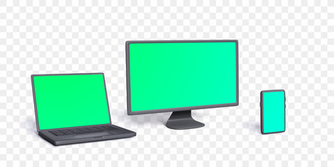 Laptop, Monitor, And Smartphone With Blank Green Screens For Mockup And Web Design On Transparent Background In 3D Modern Style. Technology And Display Concept. Vector