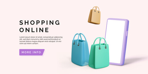 Online Shopping Concept With 3D Smartphone and Colorful Bags On Soft Background, Perfect For E-Commerce, Mobile Apps, And Web Banners. Vector
