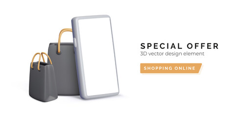 Shopping Online 3D Illustration Featuring Smartphone and Shopping Bags on White Background. Modern E-Commerce Concept for Mobile Retail and Promotions. Vector