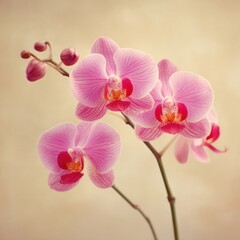 Obraz premium Serene close up of a vibrant pink orchid blossom with delicate petals against a soft background capturing the beauty of nature in a gentle light