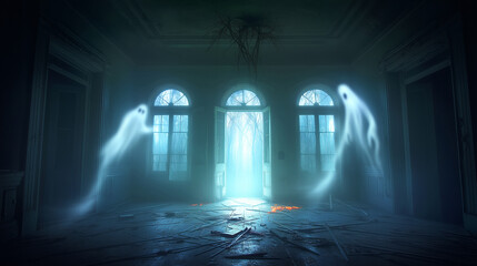 Ghostly figures float silently in a deserted structure bathed in dim light. A door stands ajar, revealing a mysterious glow from the outside as shadows dance on the broken floorboards