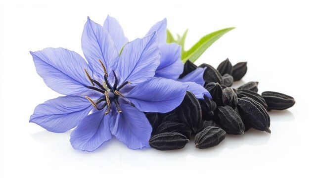 A 4K photo of black cumin seeds with nigella sativa flower on white background.