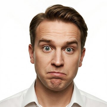 Facial expression of skepticism on a man's face against white.