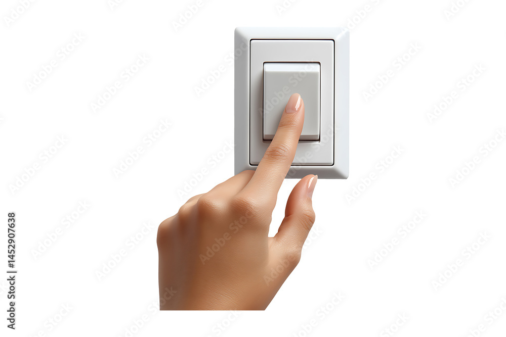 Poster hands with finger on light switch isolated on transparent background