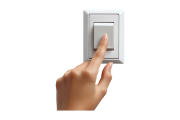 Hands with finger on light switch isolated on transparent background