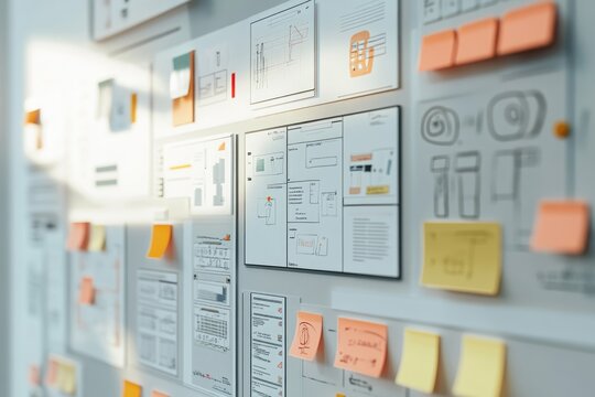 A whiteboard is covered in drawings and sticky notes, likely used for brainstorming and planning a project or design process.