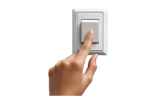 Hands with finger on light switch isolated on transparent background