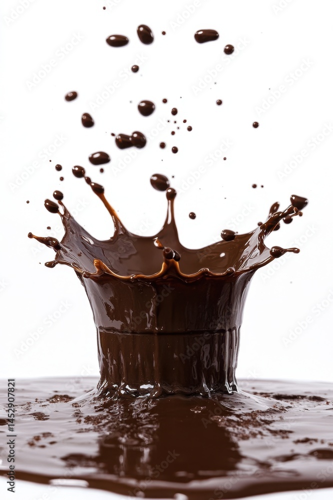 Poster captivating chocolate splash against a bright white background creating dynamic movement and rich te