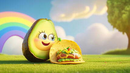 Cheerful avocado character with taco on sunny day with rainbow in background
