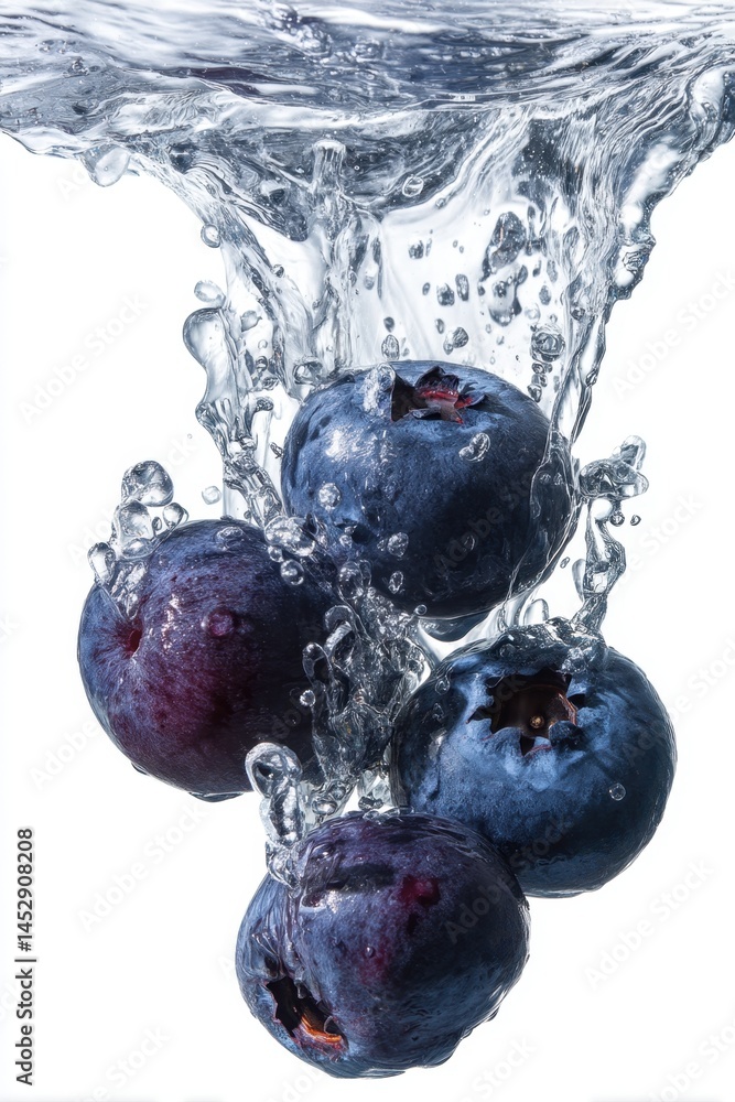 Poster fresh blueberries splashing into crystal clear water creating dynamic water droplets and ripples a r