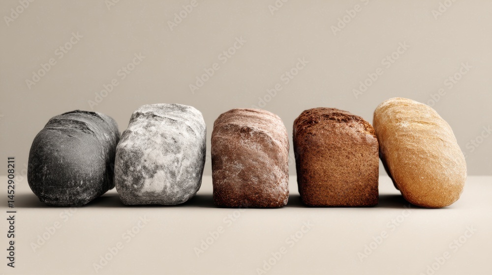 Poster a row of different loaves of bread displaying a spectrum of colors and textures on neutral backdrop